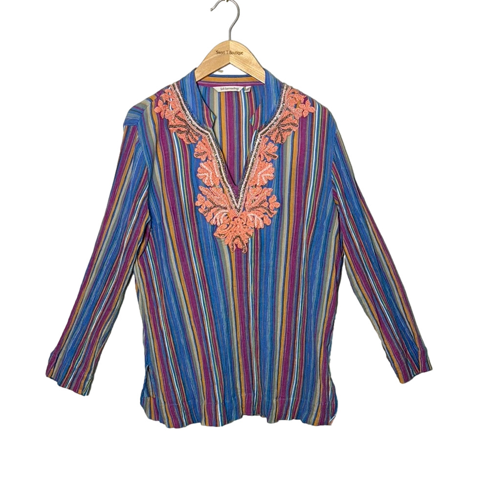 SOFT SURROUNDINGS Women Large Petite Striped Beaded Textured Cotton Tunic Top